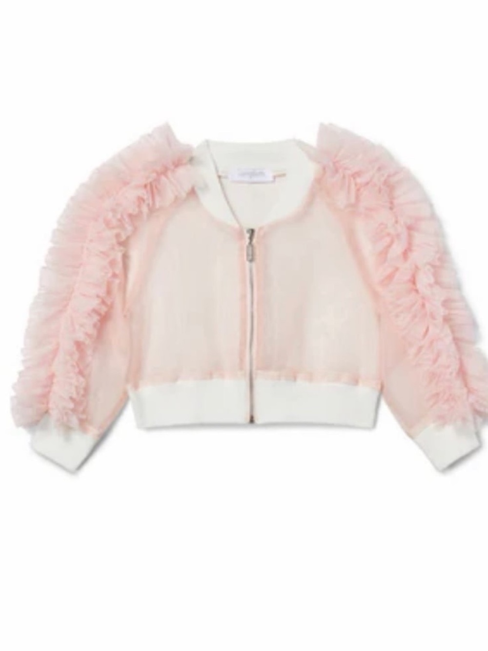 I Love Plum Sheer Pink Ruffle Sleeve Zip Bomber Jacket